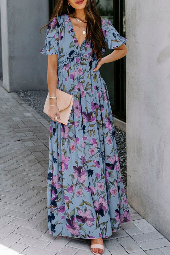 Floral Frilled V Neck Maxi Dress