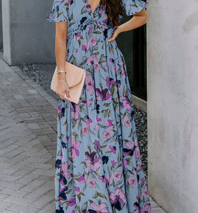 Floral Frilled V Neck Maxi Dress