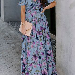 Floral Frilled V Neck Maxi Dress
