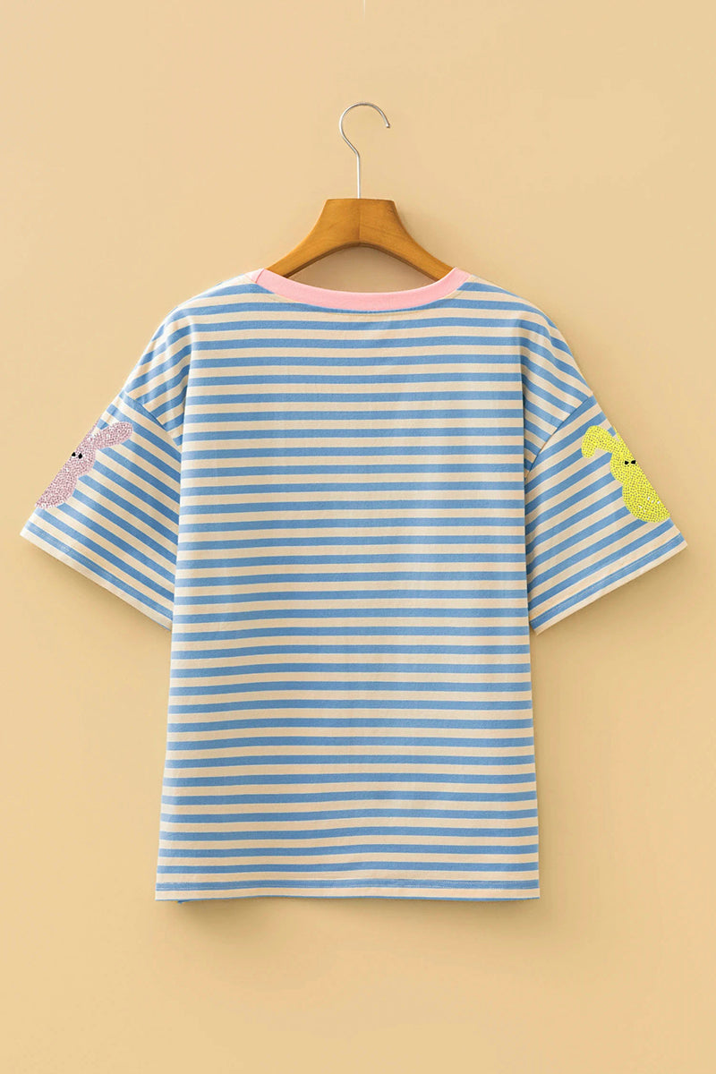 Striped Sequin Bunny Drop Shoulder Tee