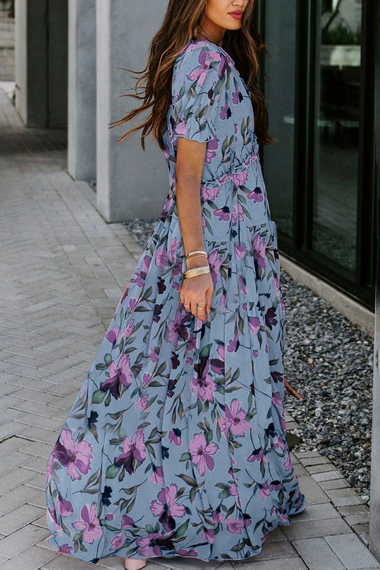 Floral Frilled V Neck Maxi Dress