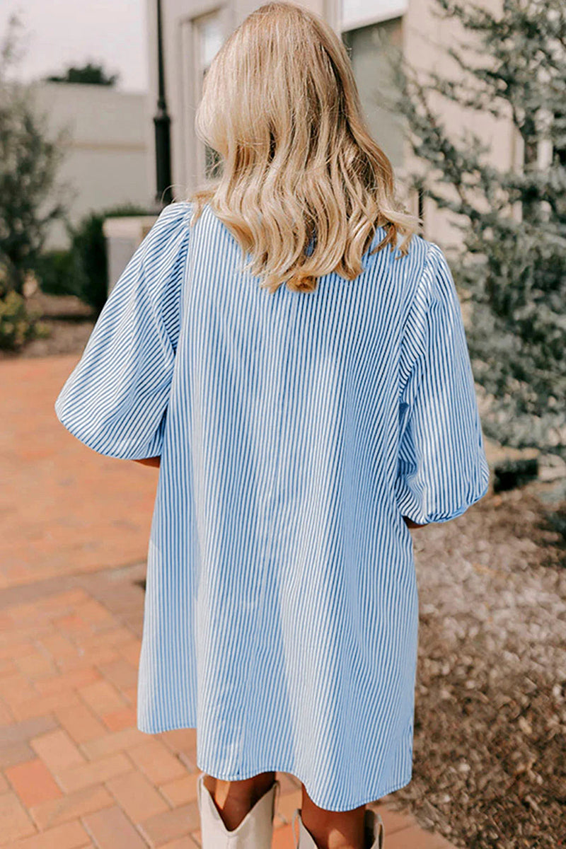 Stripe Button Down Puff Sleeve Mini Dress