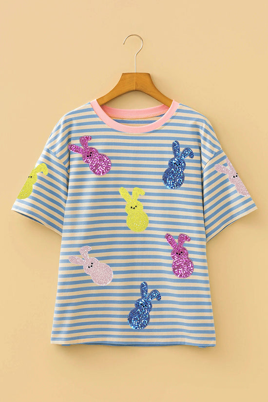 Striped Sequin Bunny Drop Shoulder Tee