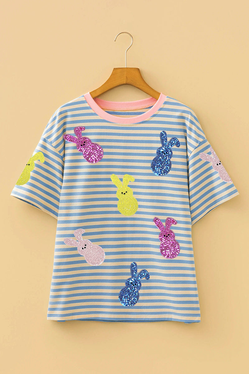 Striped Sequin Bunny Drop Shoulder Tee