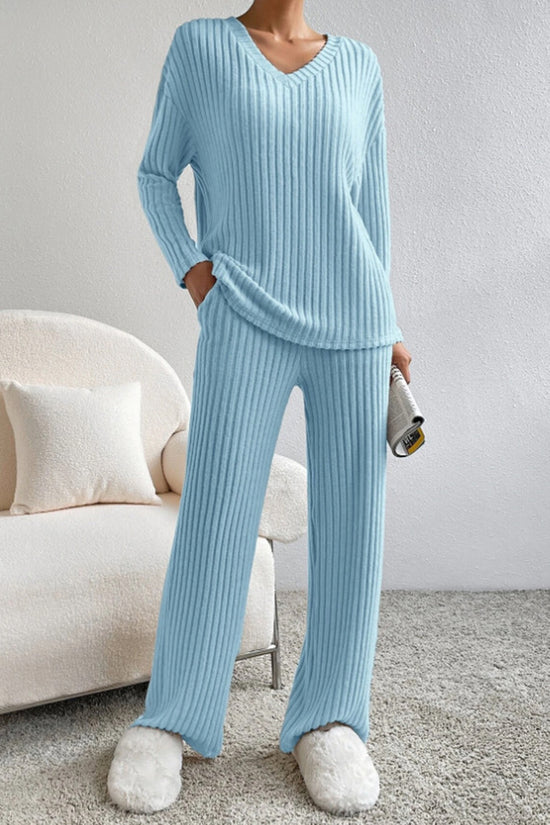 Ribbed V-Neck Pants Set
