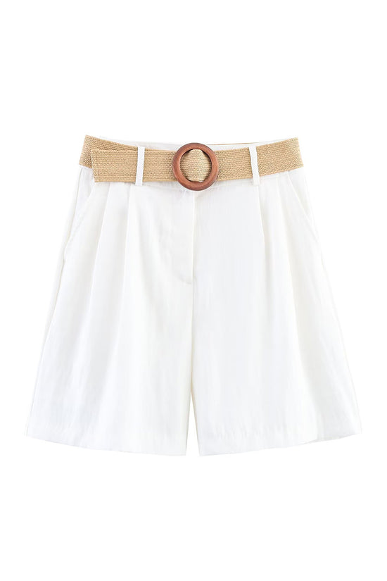 Pleated Casual Shorts with Woven Belt