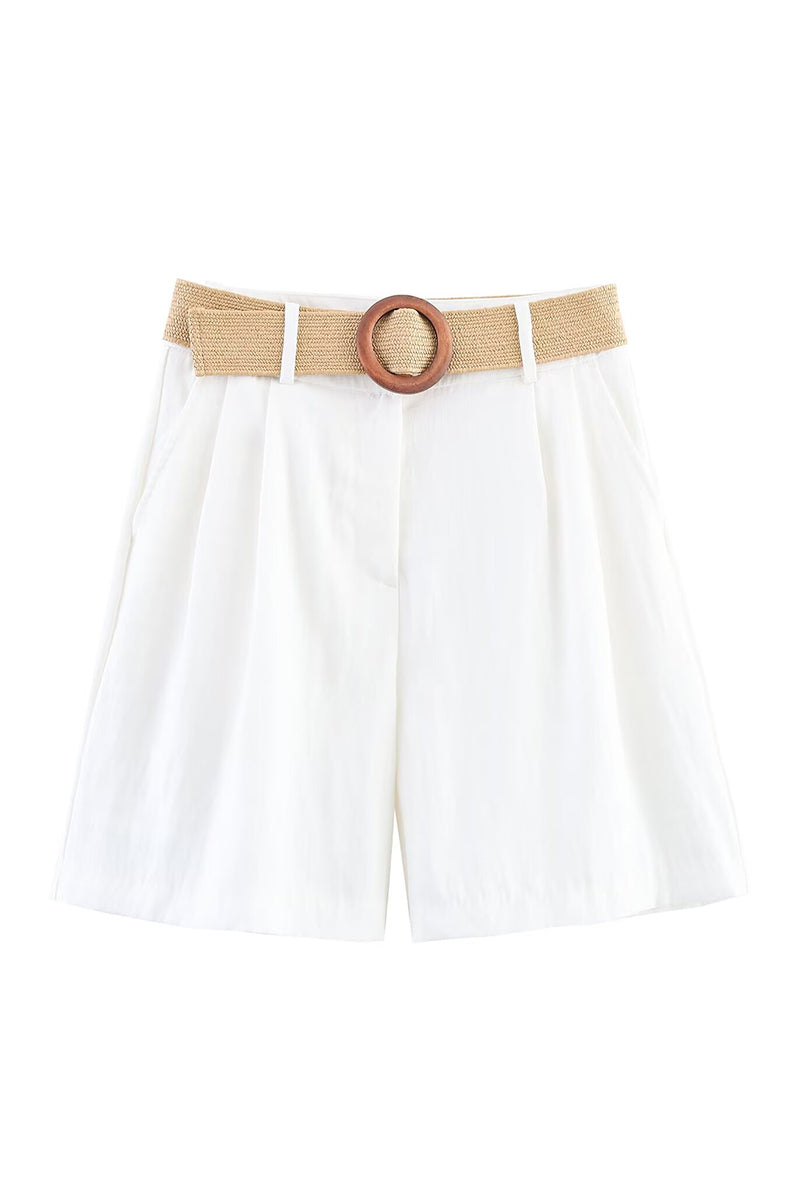 Pleated Casual Shorts with Woven Belt