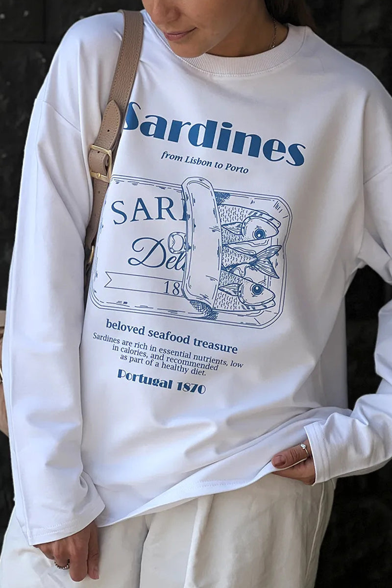 Graphic Sardine Print Long Sleeve T-Shirt