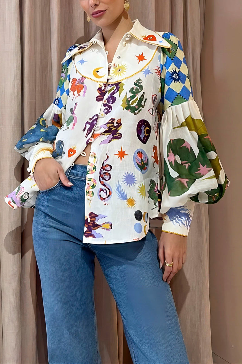 Playful Print Balloon Sleeve Blouse