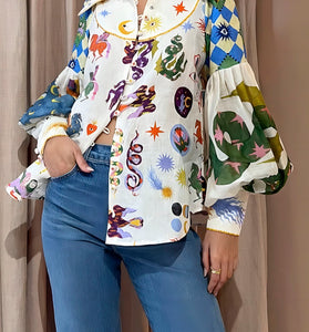 Playful Print Balloon Sleeve Blouse