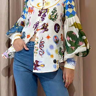 Playful Print Balloon Sleeve Blouse