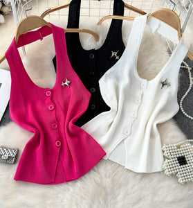 Buttoned Sleeveless Tank with Star Detail