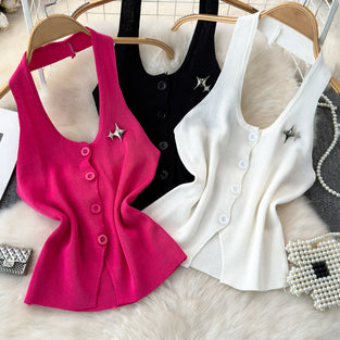 Buttoned Sleeveless Tank with Star Detail