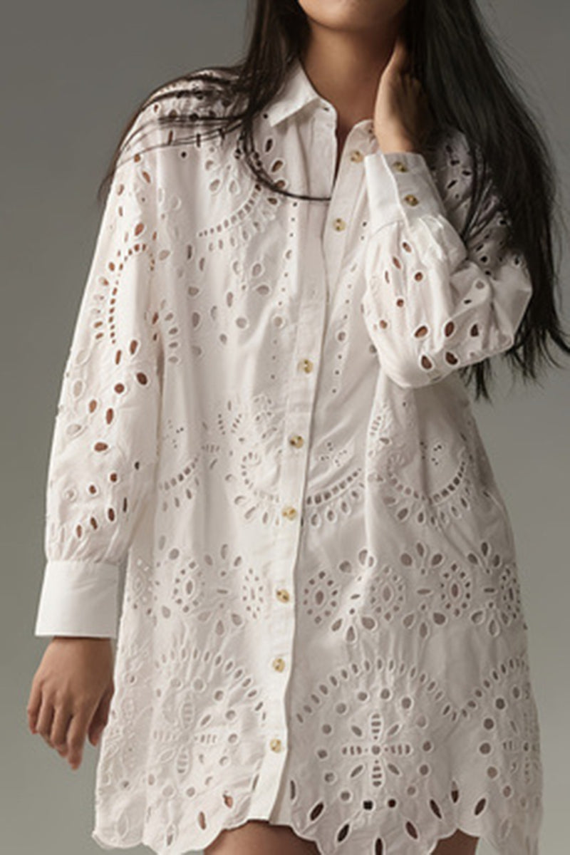Eyelet Cutout Long Sleeve Shirt