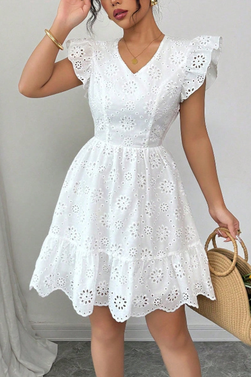 Eyelet Ruffle Sleeve V-Neck Dress