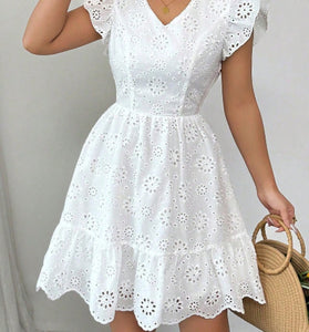 Eyelet Ruffle Sleeve V-Neck Dress