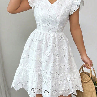 Eyelet Ruffle Sleeve V-Neck Dress