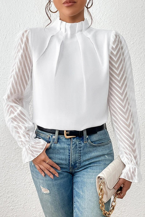 Elegant Pleated High Neck Sheer Sleeve Top