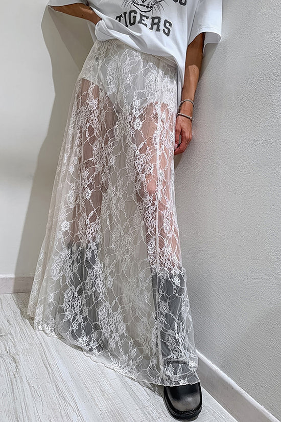 Sheer Lace Overlay Midi Skirt