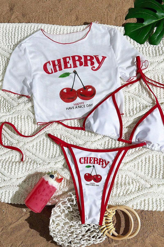 Cherry Print Bikini Set with Cover-Up