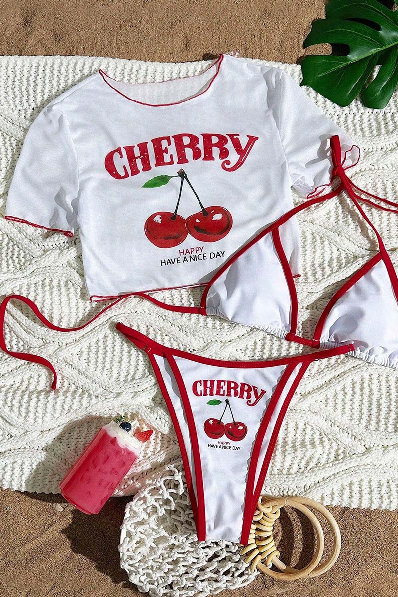 Cherry Print Bikini Set with Cover-Up
