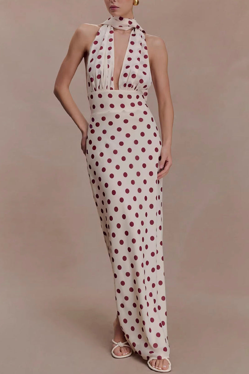 Halter Neck Polka Dot Maxi Dress