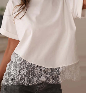Asymmetric Lace Hem Patchwork Tee