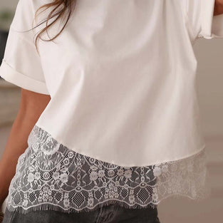 Asymmetric Lace Hem Patchwork Tee