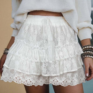 Lace Ruffle Tiered Elastic Waist Sweet Shorts