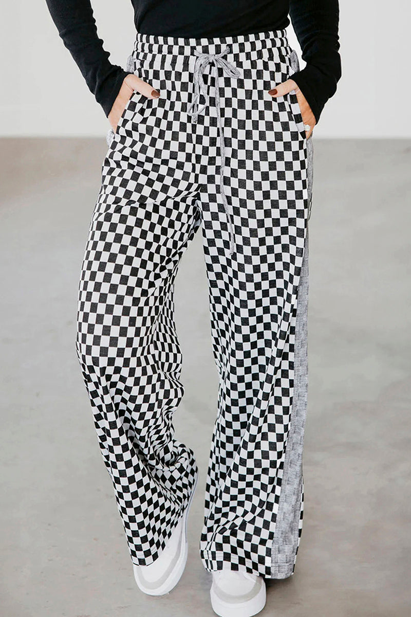 White Checkerboard Drawstring Waist Casual Pants