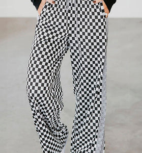 White Checkerboard Drawstring Waist Casual Pants