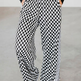 White Checkerboard Drawstring Waist Casual Pants
