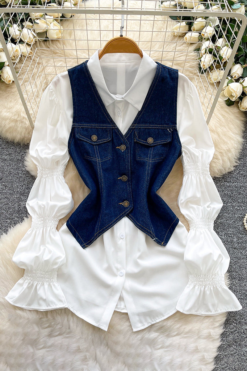 Denim Vest and White Blouse Set
