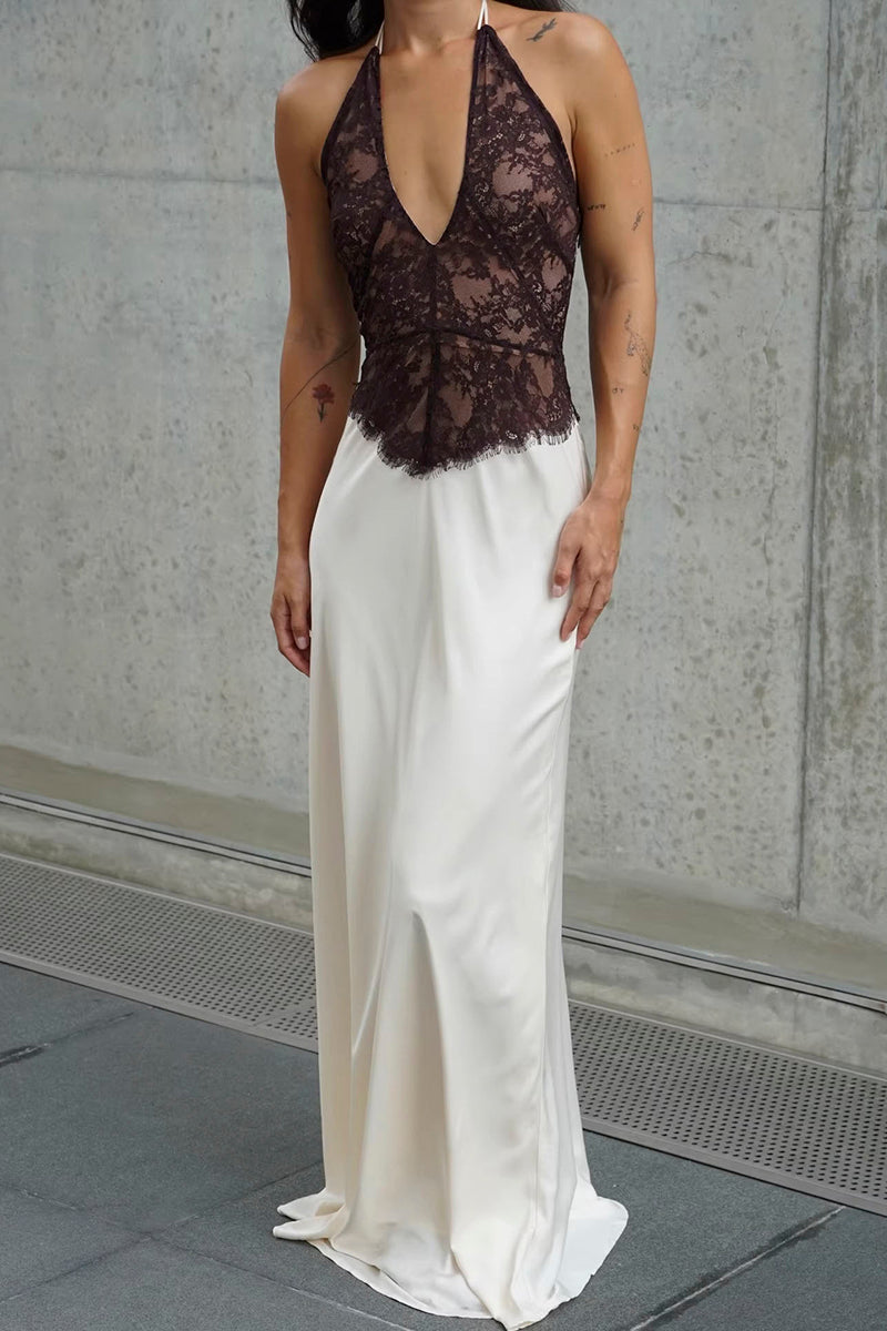 Halter Lace Contrast Maxi Dress