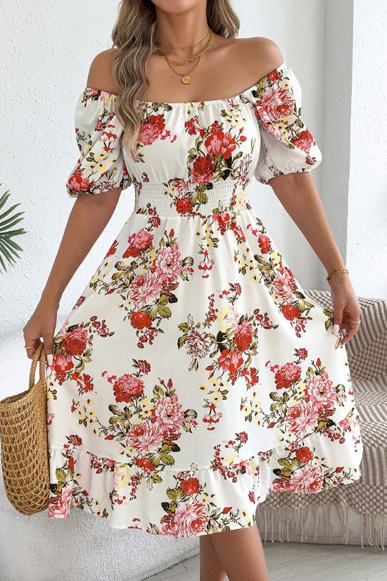 Off-Shoulder Floral Puff Sleeve Dress