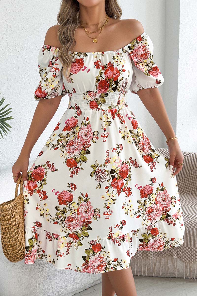 Off-Shoulder Floral Puff Sleeve Dress