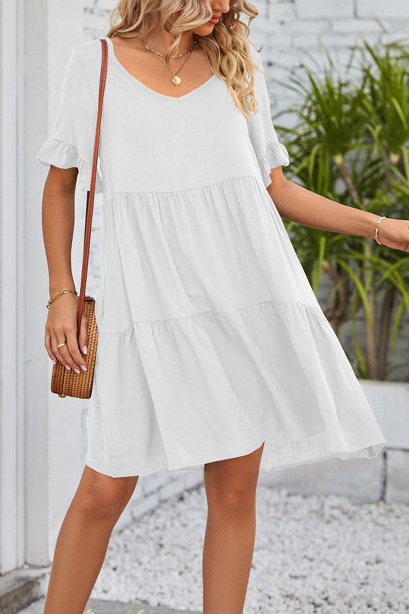 Flowy V-Neck Short Sleeve Tiered Dress