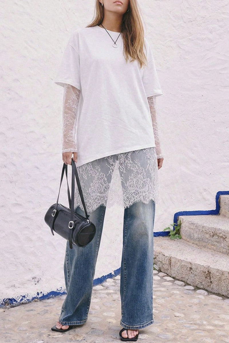Lace Details Asymmetric Hem T-Shirt
