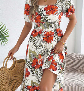 Off-Shoulder Floral Print Midi Dress