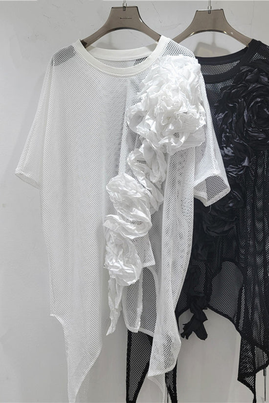 Mesh Appliqué Asymmetrical T-Shirt