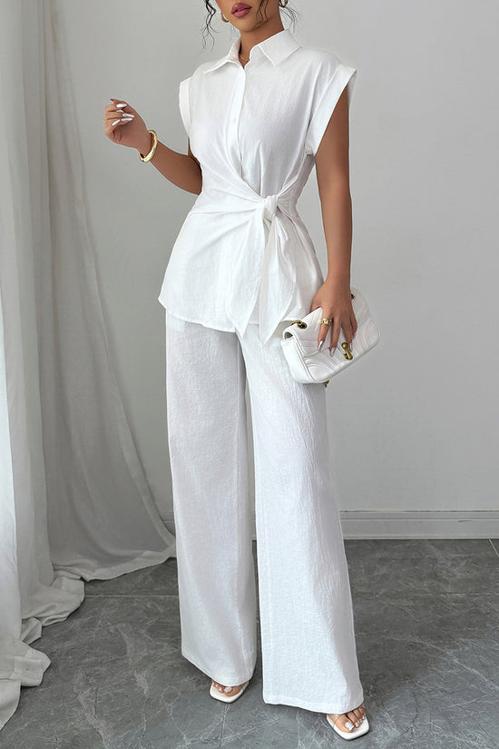 Elegant Sleeveless Shirt and Wide-Leg Pants Set