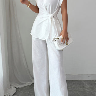Elegant Sleeveless Shirt and Wide-Leg Pants Set