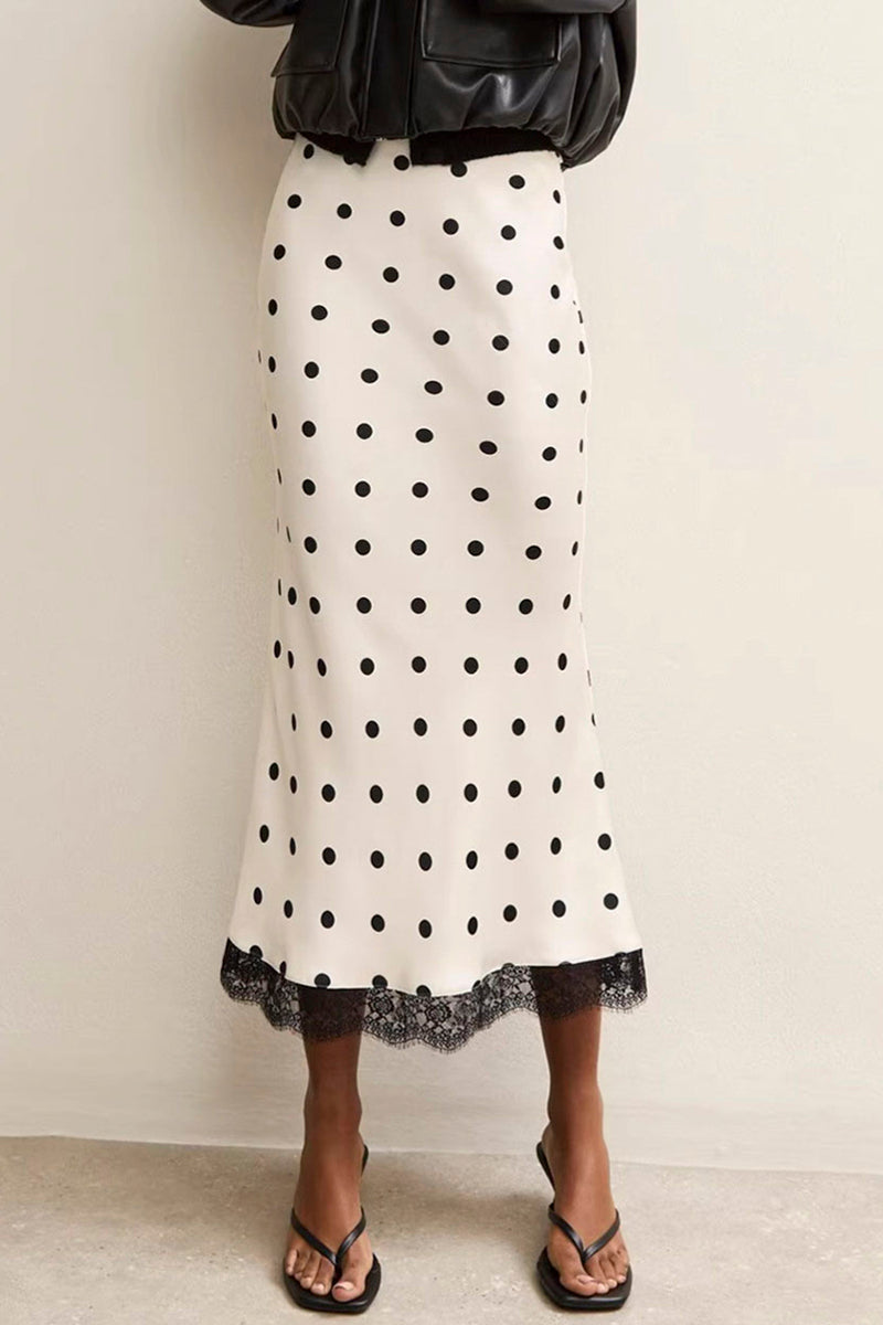 Polka Dot Midi Skirt with Lace Hem