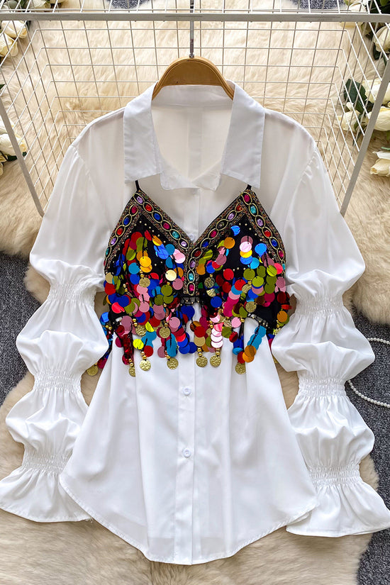 Embellished Sequin Ruched Sleeve Blouse