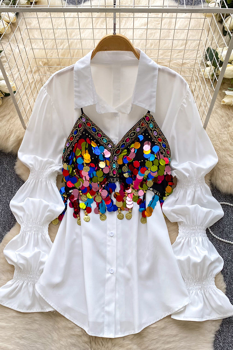 Embellished Sequin Ruched Sleeve Blouse