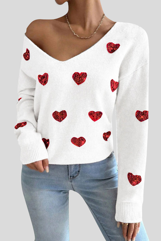 Heart Pattern V-Neck Sweater