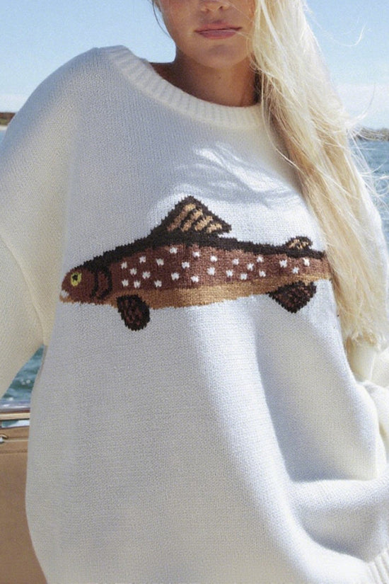 Fish Motif Crewneck Sweater