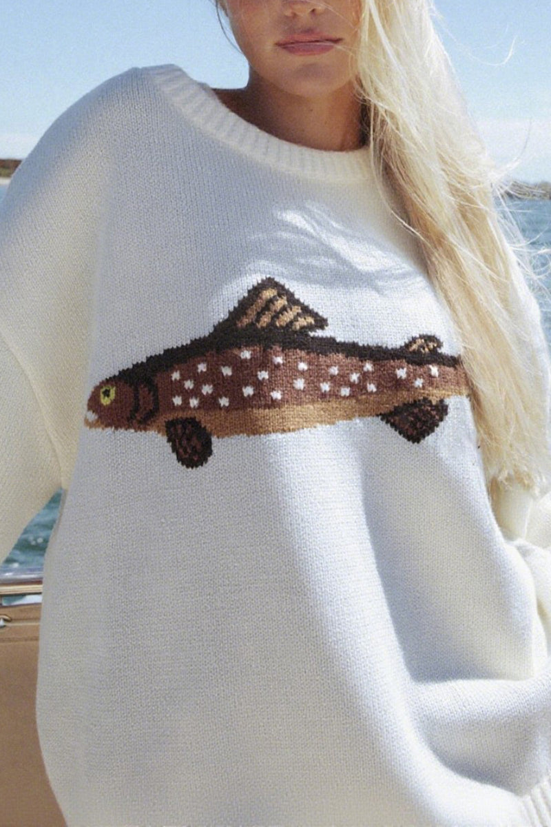 Fish Motif Crewneck Sweater
