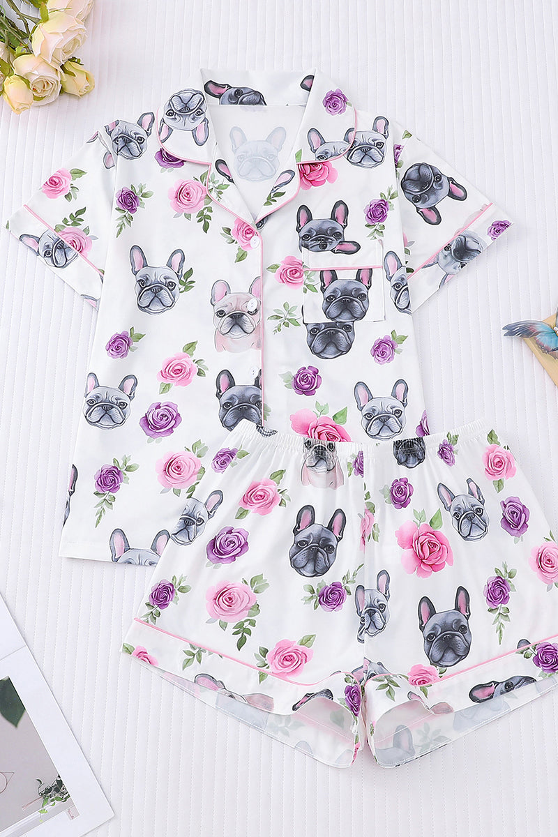 Playful Bulldog Floral Pajama Set