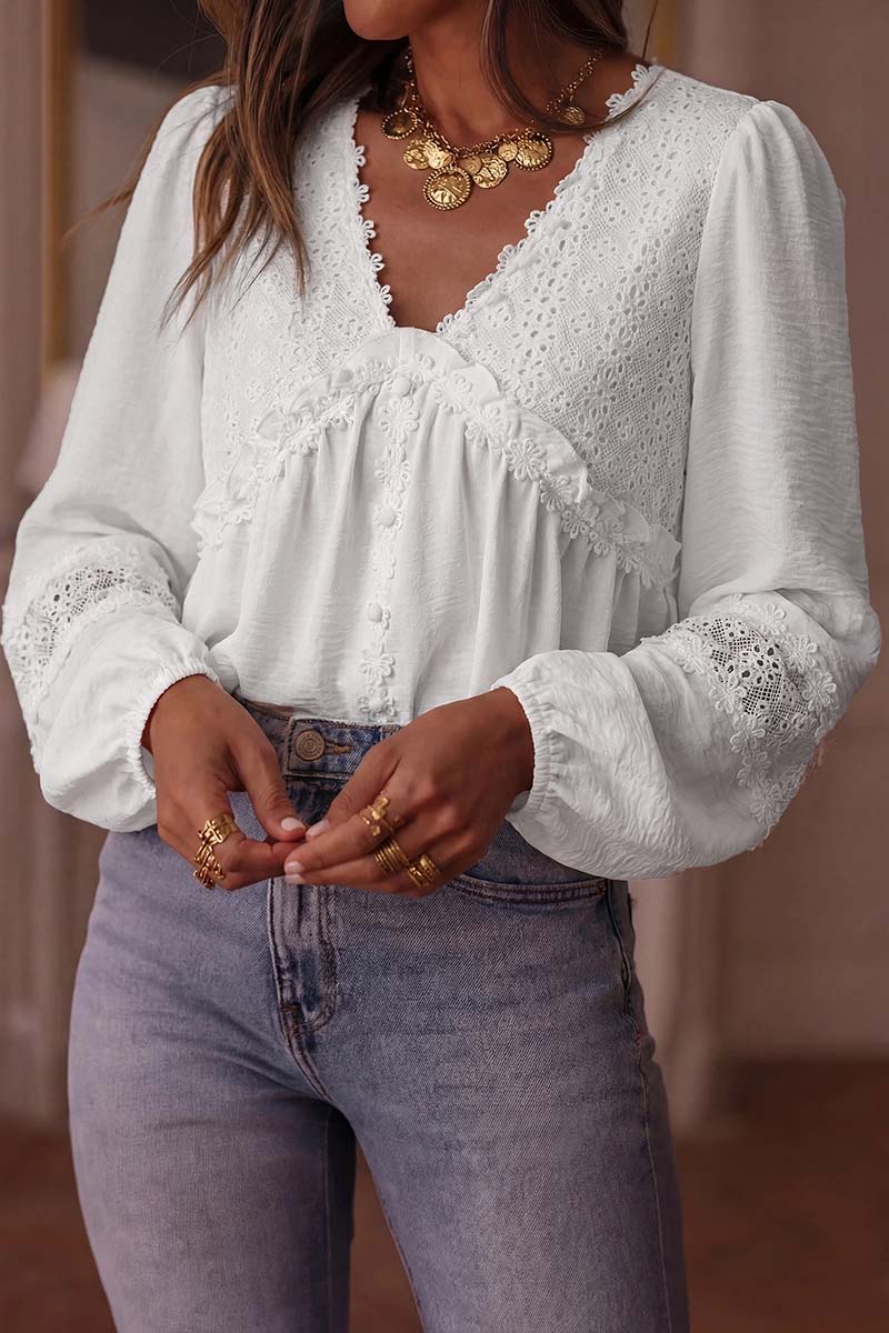 Solid Floral Guipure Lace   Long Sleeve Blouse